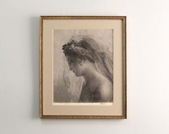 Antique French Original Graphite Drawing Artist Signed Vittoria - early to mid 1800s