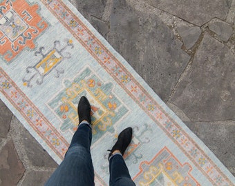 Contemporary 2’11” x 13’8" Anatolian Runner Geometric Medallion Baby Blue Pumpkin Wool Hand-Knotted 2000 - FREE DOMESTIC SHIPPING