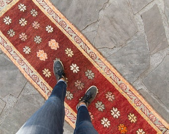 Vintage 2’5” x 7’3” Floral Oushak Narrow Runner Maroon Hand Knotted Wool Pile Rug 1960s - FREE DOMESTIC SHIPPING