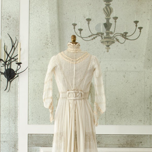 Antique Gossamer Cotton Sheer Edwardian Leafy Lace Wedding Dress Gown w/ Silk Ribbon Belt