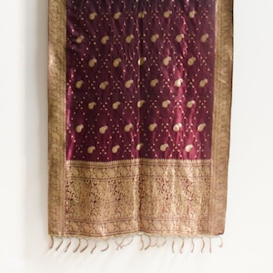 Antique Authentic Indian Handmade Bridal Pure Silk Saree / Sari / Textile w/ Fringe Burgundy Gold Paisley Design Home Decor - 1890&#39;s