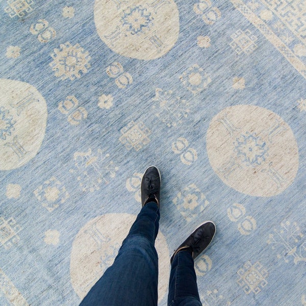 Vintage 9'5" x 12'6" Khotan Rug Large Oushak Medallion Floral Blue Beige Khotan Wol Pile Hand-knotted Rug - GRATIS BINNENLANDSE VERZENDING