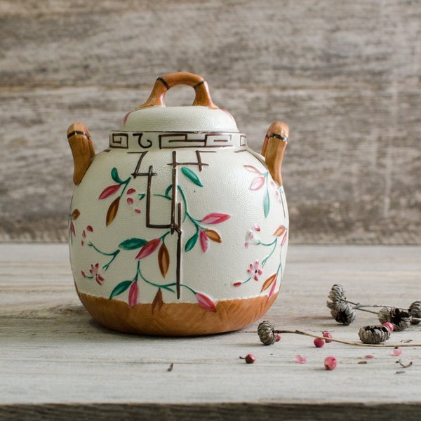 Antique Majolica Ceramic Porcelain Bamboo Trellis Design Sugar Pot Container Brownhills Pottery Co. Made in England - 1880's
