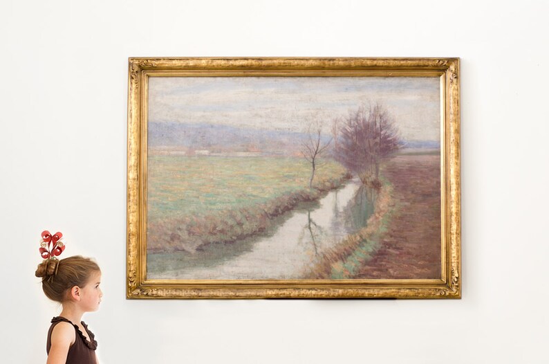 Antique original large signed impressionist oil painting of a landscape by Joseph Hugo