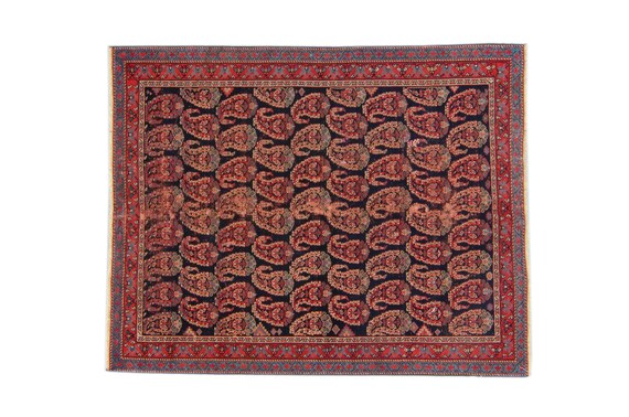 アンティーク 3'8” x 4'7” 小型 ペイズリー柄ラグ レッドネイビー