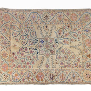 Antique Nurata Suzani Uzbek 5&#39;10&quot; x 7&#39;7&quot; Suzani Large Silk Hand Embroidered on Linen Cotton Tapestry Wall Hanging - Mid to Late 19th Century