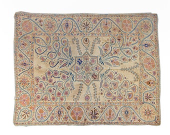 Antique Nurata Suzani Uzbek 5'10" x 7'7" Suzani Large Silk Hand Embroidered on Linen Cotton Tapestry Wall Hanging - Mid to Late 19th Century