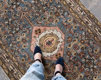 Antique 3’11” x 6’ Rug Medallion Geometric Floral Blue Brown Hand Knotted Wool Rug 1900s - FREE DOMESTIC SHIPPING