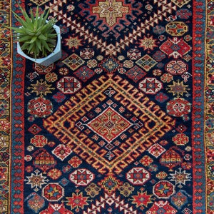Antique 47 x 109 Wide Runner Geometric Botanical Design Red Navy Hand Knotted Wool Pile Rug 1890s FREE DOMESTIC SHIPPING image 4
