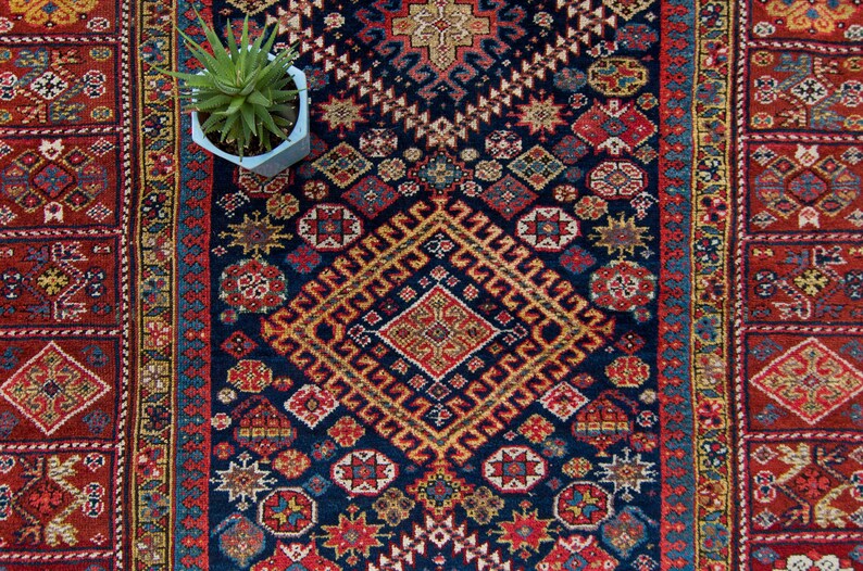 Antique 47 x 109 Wide Runner Geometric Botanical Design Red Navy Hand Knotted Wool Pile Rug 1890s FREE DOMESTIC SHIPPING image 4