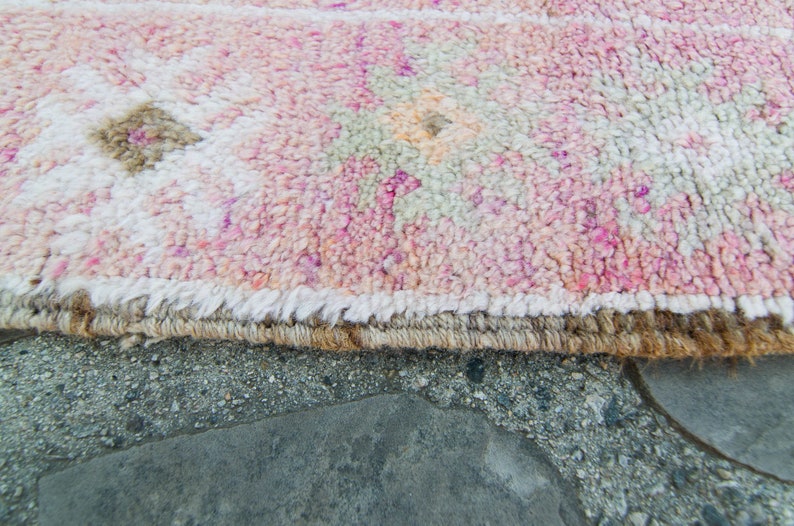 Vintage 210.5 x 126 Runner Hand Knotted Distressed Geometric Medallion Pink Wool Low Pile Runner FREE DOMESTIC SHIPPING image 9