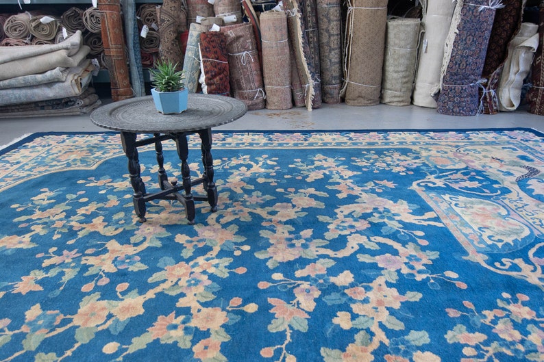 Antique 811 x 119 Chinese Art Deco Full Pile Tree of Life Floral Blues Hand Knotted Wool Pile Area Rug 1920s FREE DOMESTIC SHIPPING image 6