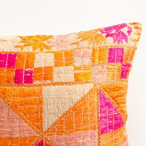 Antique Indian Phulkari Silk Hand Embroidered Linen Square Orange Pillowcase Accent Pillow Cushion 1920s image 3