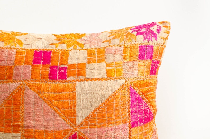 Antique Indian Phulkari Silk Hand Embroidered Linen Square Orange Pillowcase Accent Pillow Cushion 1920s image 3