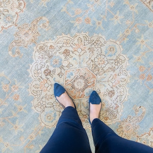 Op de afbeelding: Een paar blauwe su&egrave;de schoenen met spitse neuzen worden gedragen door iemand die op een lichtblauw tapijt met een beige bloemenpatroon staat.