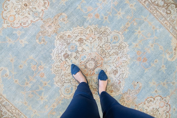 Vintage 7’3” x 10’3” Large Rug Medallion Floral Botanical Design Blue Beige Browns Hand-Knotted Rug 1940s - FREE DOMESTIC SHIPPING