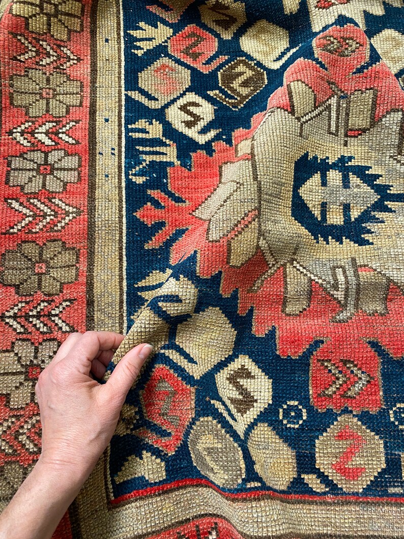 Antique 32 x 54 Kazak Rug Medallion Floral Red Navy Hand-Knotted Medallion Wool Pile Rug 1920s FREE DOMESTIC SHIPPING image 2