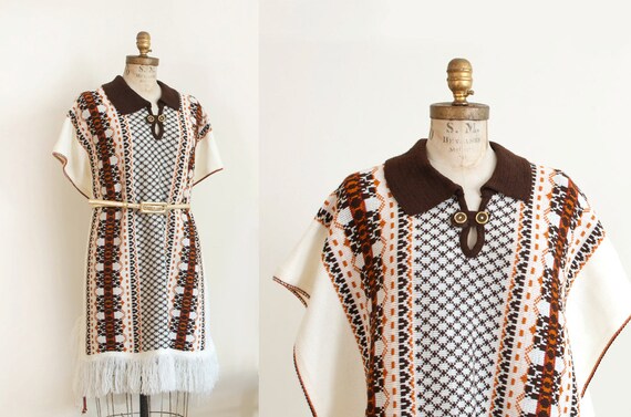 Vintage Knit Woven Fringe Cape Poncho Boho Hippie