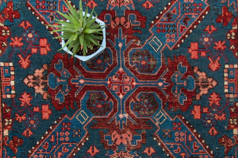 Antique 28 x 37 Zeikhur Rug Geometric Medallion Floral Design Ink Blue Brick Red Hand Knotted Pile Rug 1910s FREE DOMESTIC SHIPPING image 3