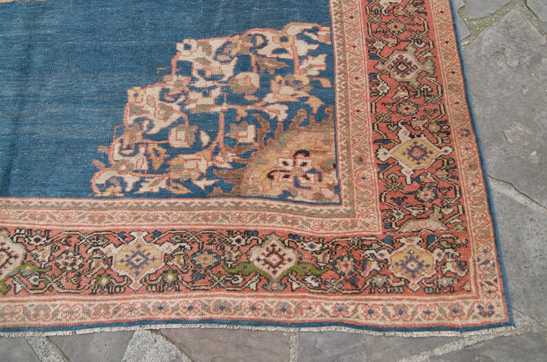 Antique 9'7 x 11'6 Large Blue Red Floral Medallion Hand Knotted Rug Wool Low Pile Rug 1920s FREE DOMESTIC SHIPPING image 7