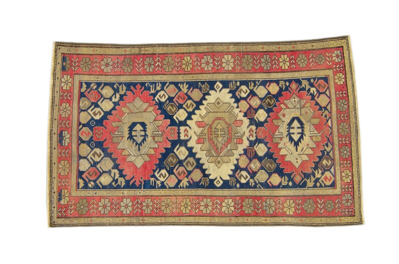 Antique 32 x 54 Kazak Rug Medallion Floral Red Navy Hand-Knotted Medallion Wool Pile Rug 1920s FREE DOMESTIC SHIPPING image 3