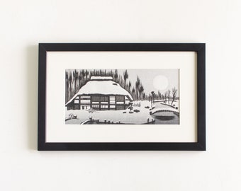 Oeuvre d'art originale vintage estampée par l'artiste Gihachiro Okuyama encadrée, gravure sur bois japonaise originale du milieu du siècle intitulée « Snow Country »