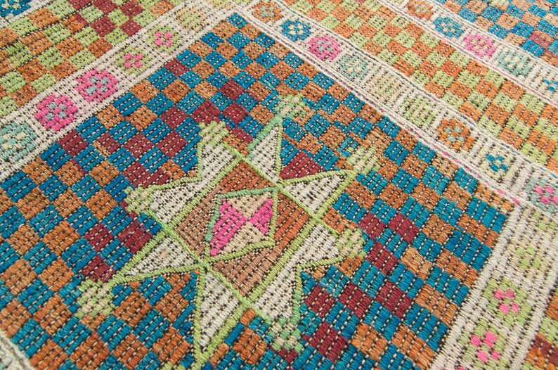 Vintage 63 x 106 Geometric Mint Orange Blue Flatewoven Low-Pile Rug Wool 1940s FREE DOMESTIC SHIPPING image 8