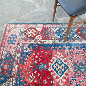 Antique 46 x 52 Rug Red Blue Çanakkale Geometric Small Area Accent Wool Hand-Knotted Rug 1910s FREE DOMESTIC SHIPPING image 5