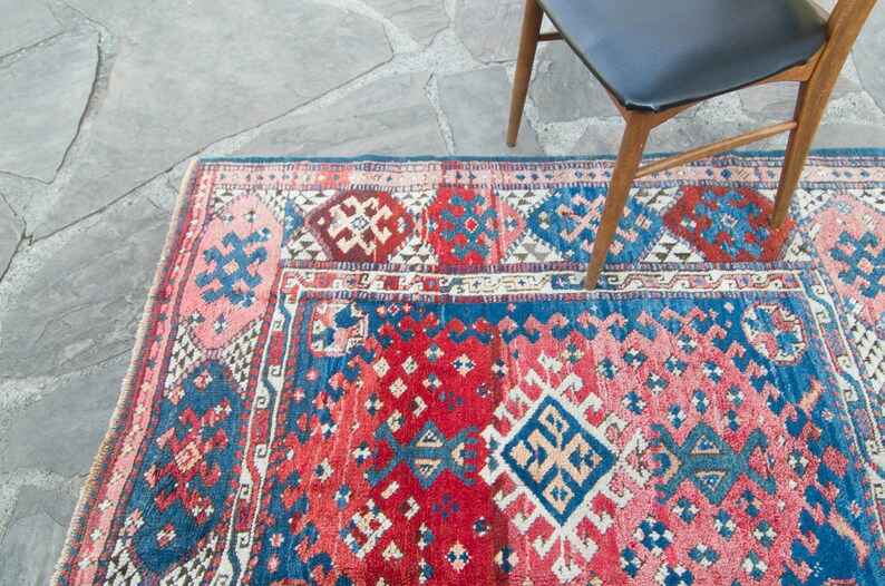 Antique 46 x 52 Rug Red Blue Çanakkale Geometric Small Area Accent Wool Hand-Knotted Rug 1910s FREE DOMESTIC SHIPPING image 5