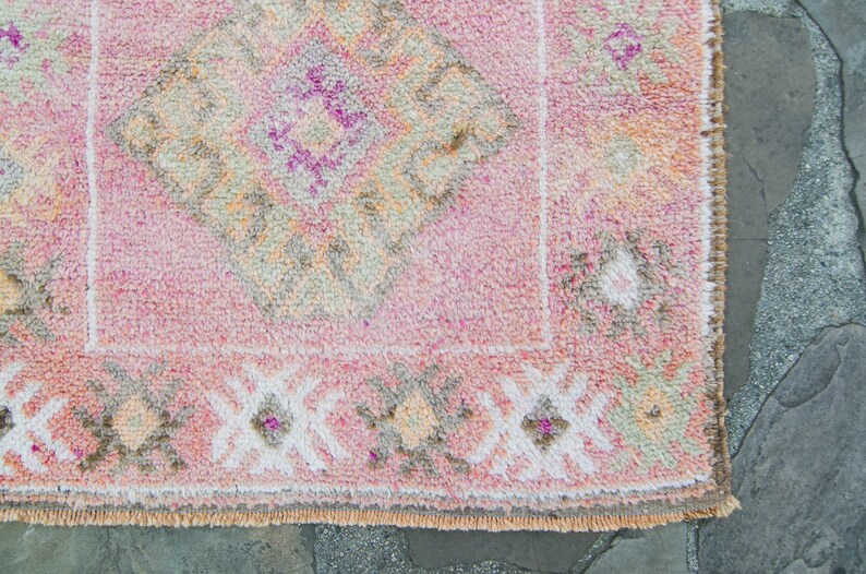 Vintage 210.5 x 126 Runner Hand Knotted Distressed Geometric Medallion Pink Wool Low Pile Runner FREE DOMESTIC SHIPPING image 6