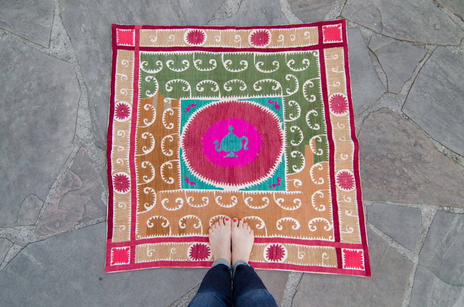 Vintage Pouf Ouzbek/Suzani Samarkand Main Made Hand Brodé à La Main Giant Pillowcae Cotton - Linen L
