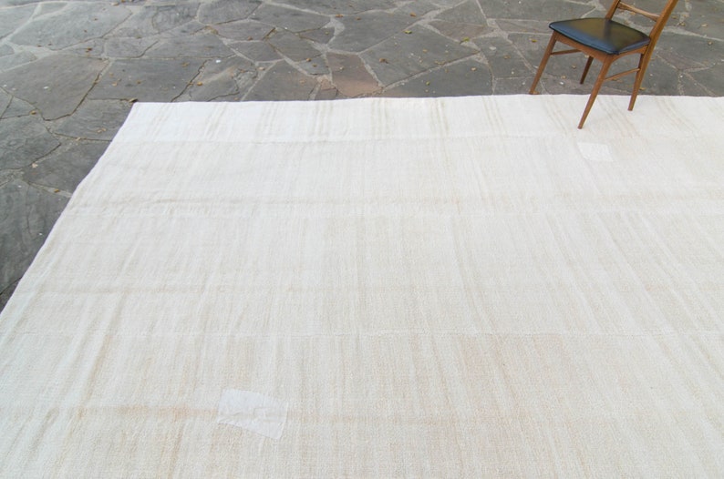 Vintage 99 x 126 Natural Oversized Hemp Kilim Striped Off-White Handwoven Rug 1970s FREE DOMESTIC SHIPPING image 5