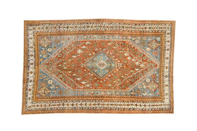 Antique 52 x 84 Rug Terra Cotta Blue Geometric Medallion Area Wool Hand-Knotted Rug 1920s FREE DOMESTIC SHIPPING image 2