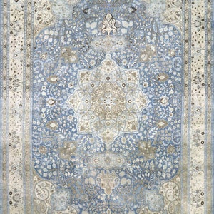 Antique 9'4 x 13'9 Hand Knotted Floral Medallion Beige Blue Rug Wool Low Pile Distressed Rug 1920s FREE DOMESTIC SHIPPING image 2