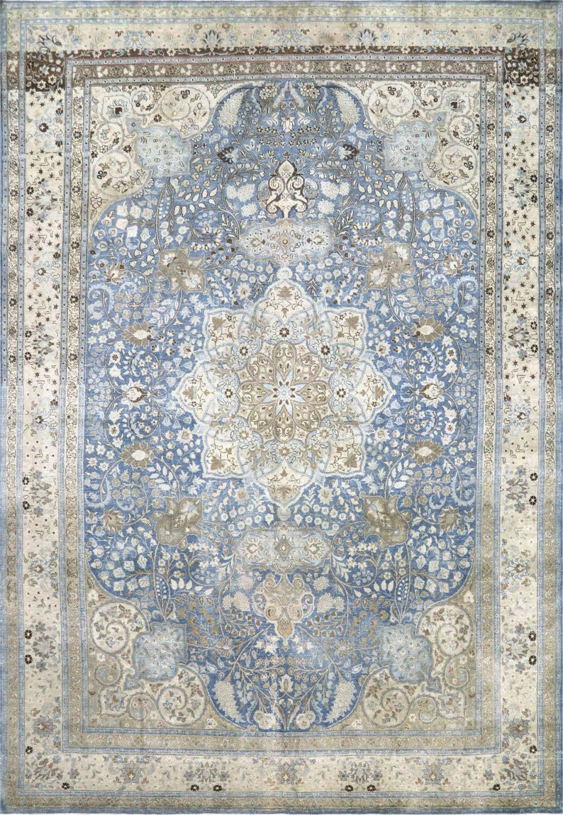 Antique 9'4 x 13'9 Hand Knotted Floral Medallion Beige Blue Rug Wool Low Pile Distressed Rug 1920s FREE DOMESTIC SHIPPING image 2