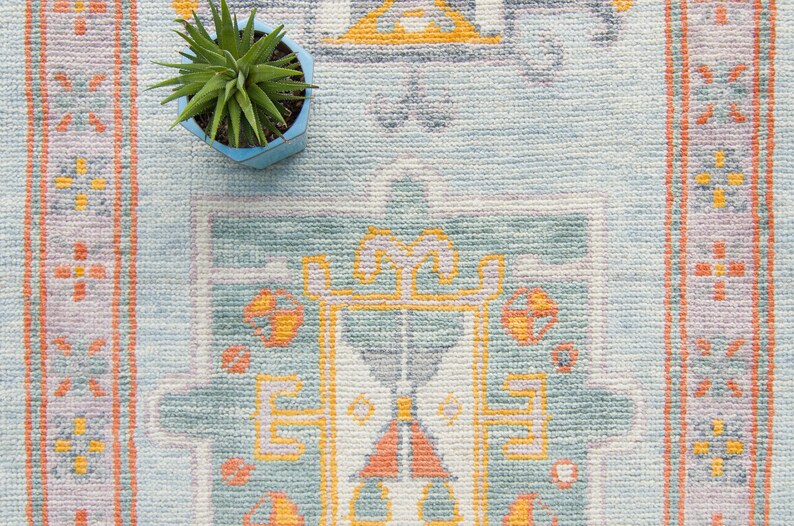 Contemporary 211 x 138 Anatolian Runner Geometric Medallion Baby Blue Pumpkin Wool Hand-Knotted 2000 FREE DOMESTIC SHIPPING image 4