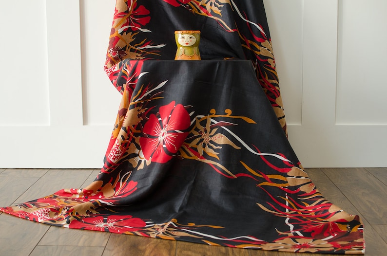 Vintage Silk Textile Black Fabric w/ Red Floral Motif 6 Yards image 4