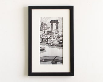 Vintage Original Artwork Signed by Artist Gihachiro Okuyama Framed Mid Century Japanese Woodblock Print Titled "Shōren-in Temple"