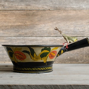 Antique Signed Tin Copper Metal Tole / Toleware Fruit Kitchen Serving Cachepot Pot Bowl Hand Painted Flowers Vines Handle - 1800&#39;s