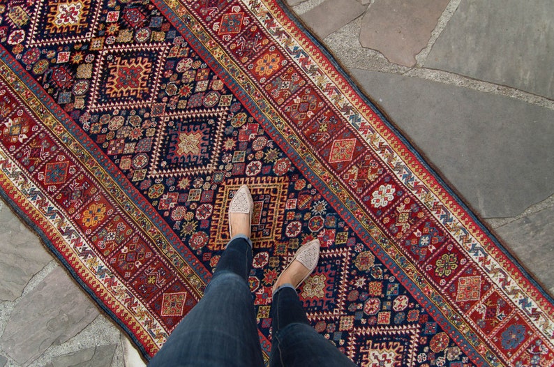 Antique 47 x 109 Wide Runner Geometric Botanical Design Red Navy Hand Knotted Wool Pile Rug 1890s FREE DOMESTIC SHIPPING image 1