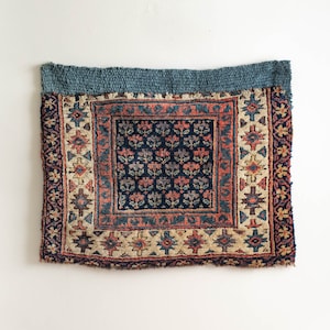 Antique Dowry Tribal Bag Face with Purple Aubergine Color Floral Design Hand-Knotted Textile - Circa 1870s