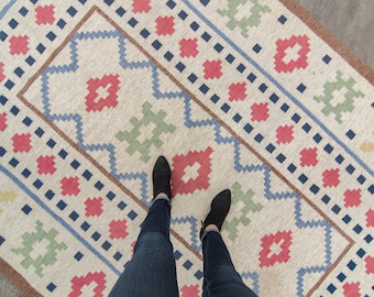 Vintage Zweedse vloerkleed 6'4 x 10' Scandinavisch Rölakan platgeweven wollen geometrisch groot kelimtapijt jaren 60 - GRATIS BINNENLANDSE VERZENDING