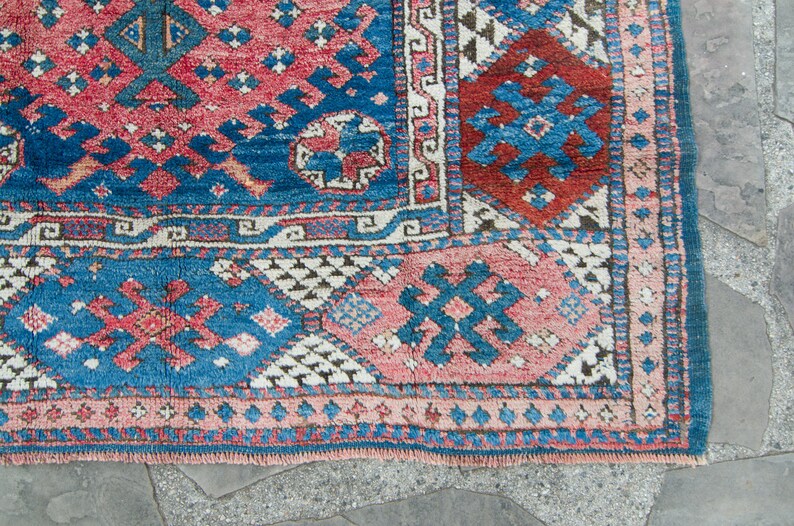 Antique 46 x 52 Rug Red Blue Çanakkale Geometric Small Area Accent Wool Hand-Knotted Rug 1910s FREE DOMESTIC SHIPPING image 7