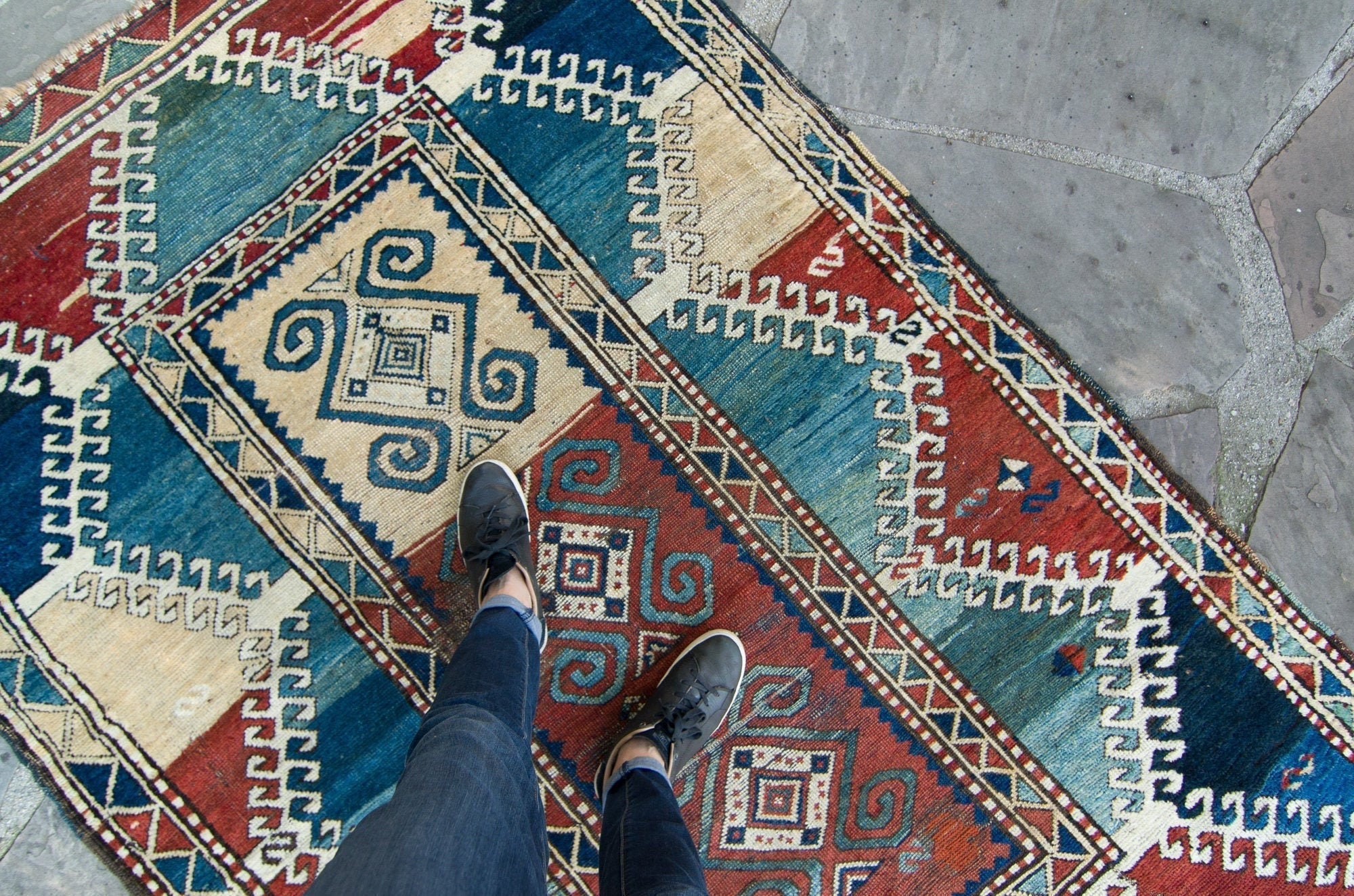 Antique 4'11 X 7'4 Borchelu Bordjalou Tapis Abrush Hand-Knotted Kazak Medallions Blue Wool Pile Rug 