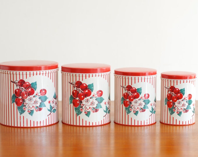 Vintage Cherry Kitchen Tin Canisters Set of 4 Etsy
