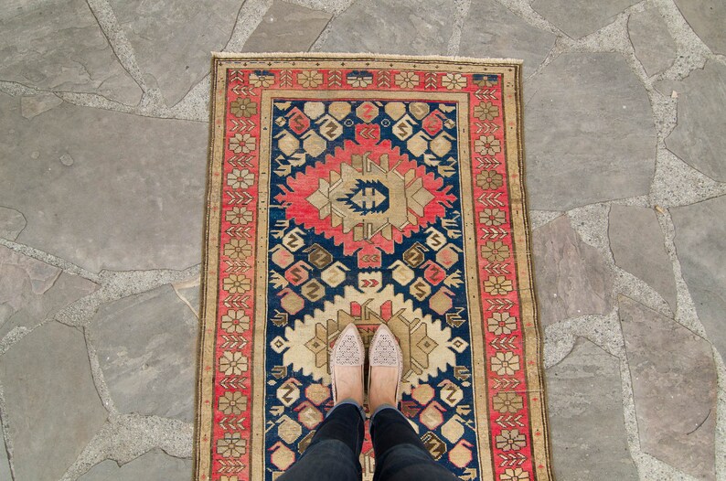 Antique 32 x 54 Kazak Rug Medallion Floral Red Navy Hand-Knotted Medallion Wool Pile Rug 1920s FREE DOMESTIC SHIPPING image 4