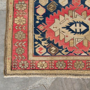 Antique 32 x 54 Kazak Rug Medallion Floral Red Navy Hand-Knotted Medallion Wool Pile Rug 1920s FREE DOMESTIC SHIPPING image 7