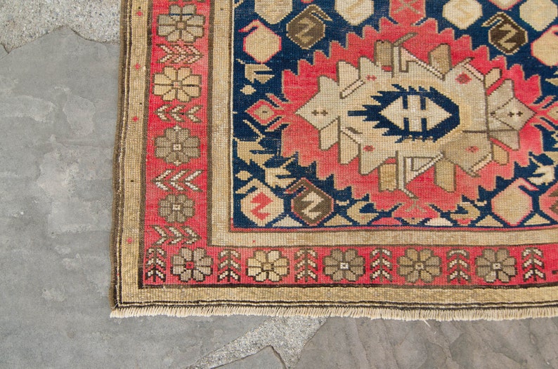 Antique 32 x 54 Kazak Rug Medallion Floral Red Navy Hand-Knotted Medallion Wool Pile Rug 1920s FREE DOMESTIC SHIPPING image 7