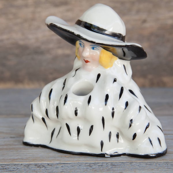 Antique French Figural Art Deco Lady Woman Porcelain Inkwell by Henri Delcourt - 1920s
