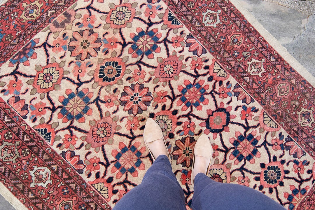 Hyco Rug Antique 4’11” X 6’9” Allover Botanical Red Pink Cream Hand-knotted Wool ...